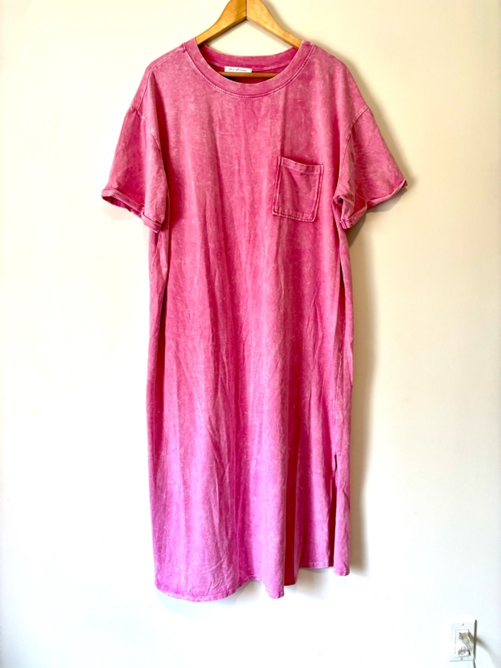 Ces Femme Pink Mineral-Wash Short Sleeve Pocket T-Shirt Dress XL